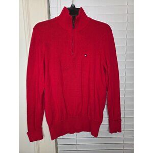 Mens Tommy Hilfiger Red 1/4-Zip Sweater M Cotton Knit Pullover Preppy Classic